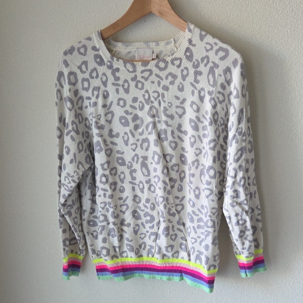 WHISPER By BRODIE Gray Leopard Print Sweater with Rainbow Trim Sz M Cotton Silk